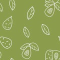 Seamless pattern from outline avocado and leaves on a green background.